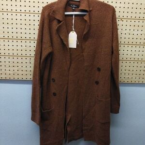 Love Tree Longline Sweater Cardigan Terracotta Brown Open Pockets Buttons Small